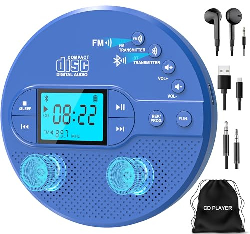 Greadio CD Player Tragbar mit Bluetooth 5.3, Discman CD-Player | 2000mAh Wiederaufladbarer, Kompatibler FM-Sender, USB, AUX, MP3 Player mit Kopfhörer und Anti-Skip/Stoßfest (Blau)