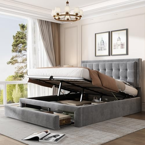 Skcess Bett Mit Kasten Und Schubladen, Samtstoff, Polsterbett, Lattenrost, Doppelbett, Großer Stauraum, 140 X 200 cm, Grau