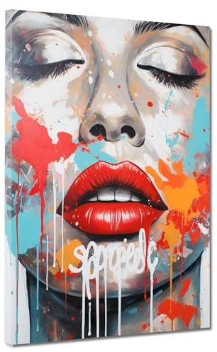 Rote Lippen, Frau Leinwandbild Wandbild Kunstdruck XL Deko Größe 60x80x2cm
