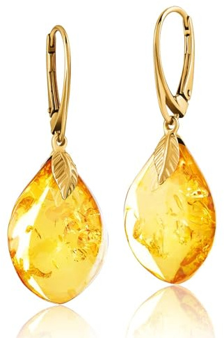 Natural Amber Earrings for Women - Gold Plated Silver Closure 925, Sparkling Polished Drop Amber, Lightweight Natural Semi Precious Stone, Dainty Jewelry for Ladies