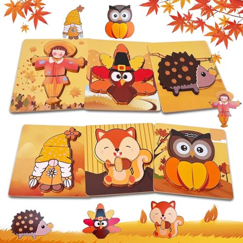 Herbst Steckpuzzle Holz Montessori - 6 Stück Holzpuzzle für Kinder, Lernspielzeug, Montessori Spielzeug, Basteln, Tier Bastelsets