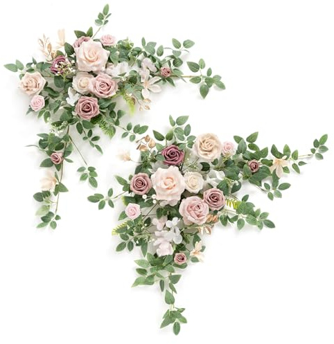 Ling's moment 2PCS Staubige Rose Künstliche Blumen Swag Tafelaufsätze Hochzeit Blume Rosa Rose Girlande Grün Arrangements für Schatz/Kopf Tisch Dekor Hochzeit Garten Dekor