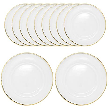 WedDecor 33cm Clear Charger Plates with Gold Trim Design, Acrylic Round Dinnerware for Centerpiece Presentation, Set of 12 Dinner Plate for Weddings, Events, Banquets & Christmas Table Decorations