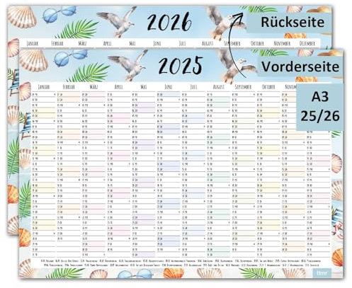Timr Wandkalender 2025 inkl. 2026 Motiv Strand - DIN A3 Kalender 12 Monate I beidseitig I tr292