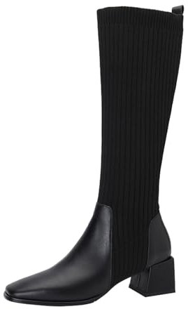 WKAYsIV Stivali Alti Donna Sopra Il Ginocchio Tacco Basso Argento Plateau da a metà, in pelle lavorata maglia elasticizzata, cuciture, punta quadrata, Perforati 28.99 38