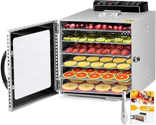 CAFIEDR Essiccatore per Alimenti in Acciaio Inossidabile a 6 vassoi, impostazione della Temperatura da 30 a 90 ℃, Max 24 Ore, essiccatore per Frutta con Libro di Ricette