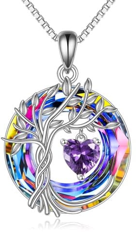 Tree of Life Birthstone Necklace for Women 925 Sterling Silver Tree of Life Jewelry Amethyst Pendant February Birthstone Gemstone with Crystal Anniversary Birthday Christmas Gifts for Women