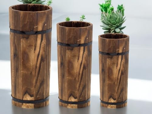 Juego de macetas altas de madera estilo bambú para decoración interior y exterior viene en 3 juegos surtidos con 3 tamaños surtidos por juego (S, M, L) (juegos grandes (58 cm, 54 cm, 50 cm)