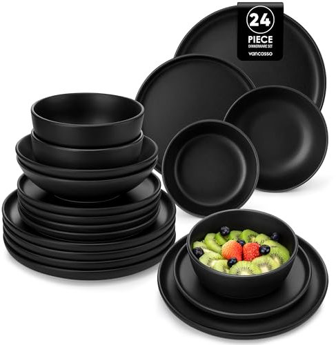 Geschirrset 6 Personen, vancasso PLAYA Steingut Geschirr set 24tlg für 6 Personen, Schwarz Tafelservice mit Teller set, Suppenteller set, Schalen & Salattellern, Spülmaschinenfest, Mikrowellengeeignet