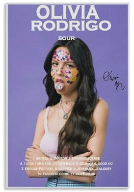 Olivia Sour Music Rodrigo Cover Poster Poster Für Zimmer, Ästhetische Leinwand-Wandkunst, Schlafzimmer-Dekor Poster 12x18inch(30x45cm)