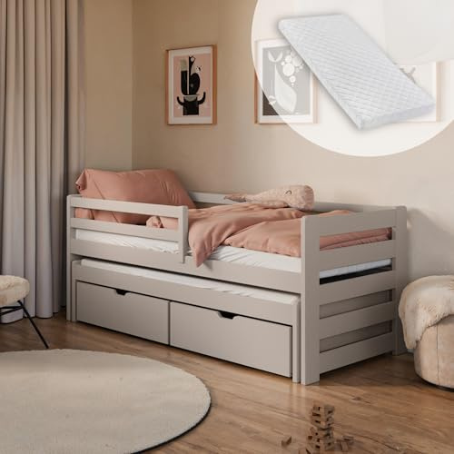 Kids Collective Einzelbett 90x200 cm mit Rausziehbett 90x190 cm mit Zwei Matratze Zwei Schubladen Rausfallschutz und Lattenrosten Vollholz massiv in Kaschmir Kinderbett von 4 bis 18 Lebensjahr