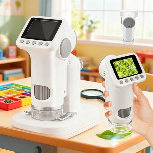Digitales Mikroskop für Kinder, 1600x Vergrößerung, 1080P HD Handmikroskop mit Display, Foto & Videoaufnahme, inkl. 64GB SD-Karte, Tragbares Mikroskop für Insekten Pflanzen Münzen