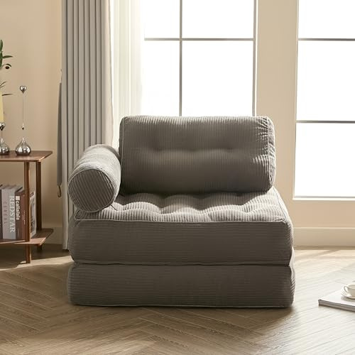 Litbird Canapé Convertible 4-en-1, Canapé Lit 1 Place, Velours Côtelé, Gris | Avec Accoudoirs, Fauteuil de Sol, Couchage d’Appoint, Petit Espace, Sans Montage