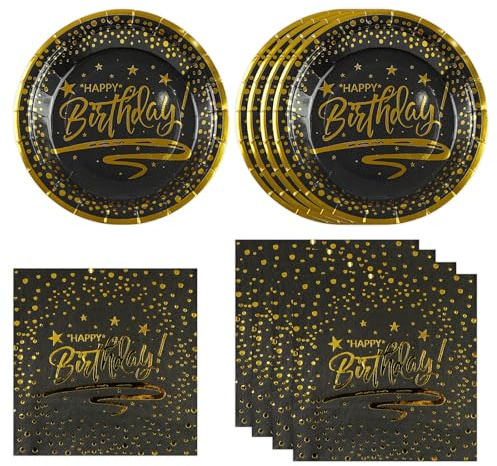 DHAIQC 50PCS Birthday Paper Plates and Napkins Party Supplies, Black Gold Dot Party Plates Napkins Tableware Set for Birthday Party Decorations (Black/Gold)