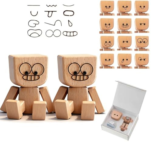 OKESYO Wackelfigur Auto, 2 Stück Wackelnder Holzmann, Wackelmännchen Holz mit 12 Magnetische Ausdrücke, Handgefertigter Wackelnder Holzmann Auto für Armaturenbrett Schreibtisch Deko Figure