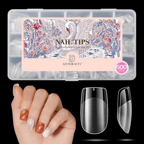 AZUREBEAUTY Extra Short Square Nail Tips, 600Pcs Soft Nail Tips for Gel Extensions Half Matte Full Cover Clear Acrylic Gel Kit False Press on Nails Manicure Salon DIY at Home Nail Art 15 Sizes