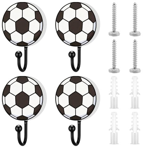 CYUXING 4-teiliges Fußball-Wanddeko-Set – Haken mit Holzmuster und Schrauben für Jungenzimmer, sportliche Kleiderhaken für Hüte, Rucksäcke, Schals und zur Organisation des Zimmers