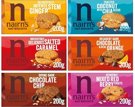 Nairn’s Oat Biscuits Variety Pack – Dark Chocolate Chip, Stem Ginger, Chocolate Orange, Mixed Berries, Salted Caramel & Coconut with Chia Seeds, (Pack of 6) From SuperfoodUK