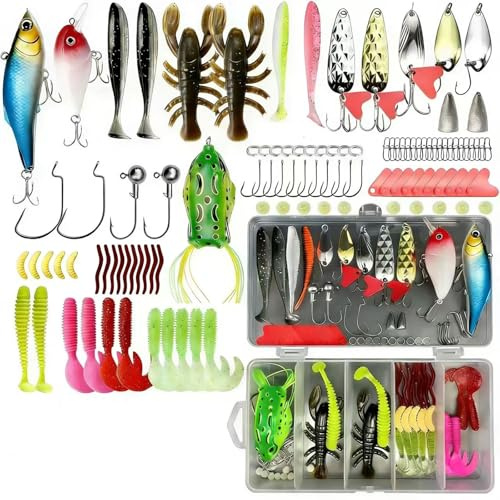Angelköder Set 107-teilig mit Köderbox, Kunstköder und Angelzubehör -Set | Vielseitiges Kunstköder Angelausrüstung für Hecht, Zander, Forelle, Barsch, Süßwasser & Salzwasser