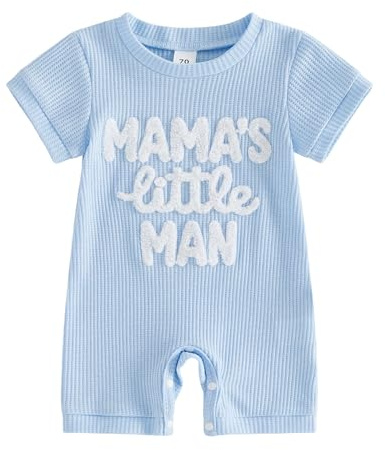 Loalirando Neugeborene Baby Junge Sommer Kleidung Outfit | Waffelstrick, Mama’s Little Man / Dad’s Little Dude Stickerei, Kurzarm Baby Kurz Strampler, Baby Junge Geschenke
