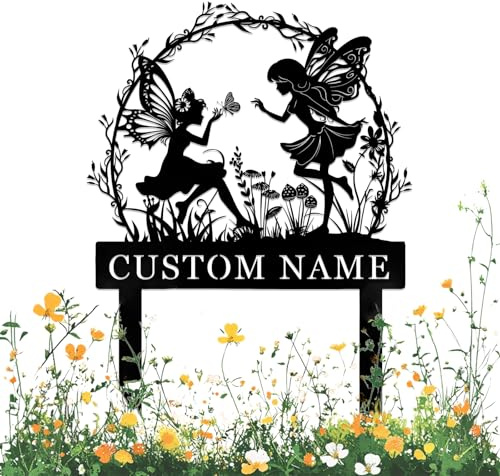 Personalized Fairy Garden Signs with Stake,Custom Flowers Metal Sign Outside Decor,Customized Fairies Butterfly Floral Welcome Plaque for Birthday Housewarming Gift,Gardening Ornaments for Lawn Yard