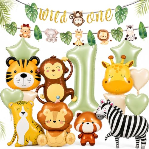 Wild One Deko 1. Geburtstag, Safari Luftballon Set mit Zahl 1 Ballon | Wild One Girlande, Dschungel Tier Folienballons, Herz Stern Ballons, Tropische Blättergirlande, Boho Party für Jungen Mädchen