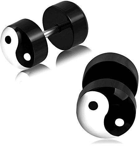 BlackAmazement 316L Edelstahl Fake Plug Piercing Yin und Yang Tao Symbol Schwarz Weiss