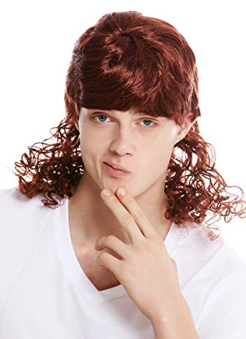 WIG ME UP - 60893-P340 Perücke Damen Herren Fasching Karneval lockige Vokuhila Mullet Proll Schlagersänger Filmstar Rotbraun