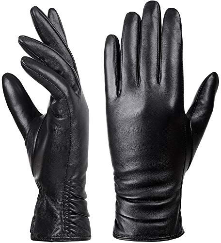 Damen Winter-Lederhandschuhe mit Touchscreen Text, warmes Lammfell, 100% reines echtes Leder (Schwarz, L)