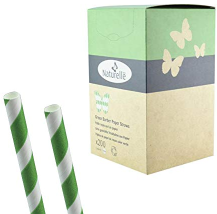 200 Stück - grün/weiß gestreifte Trinkhalme/Strohhalme aus Papier, kompostierbar - Barber Style - Länge: 200mm / Durchmesser: 8mm für Bar, Disko und Cocktails