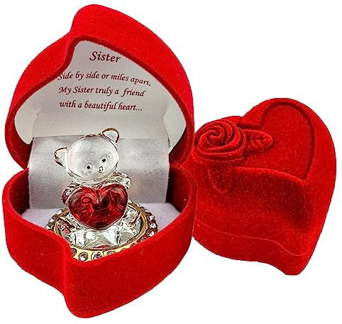 Glass bear in Red Rose Box for a Special Sister Gift Birthday Christmas Xmas Wedding Anniversary Present