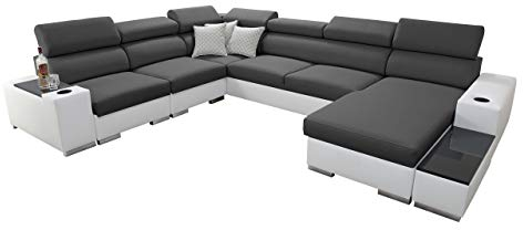 Ecksofa Perseo VIII mit ausziehbarem Bett und verstellbaren Kopfstützen, Eckcouch mit Schlaffunktion und Bettkasten, elegantes U-Form-Sofa, Wohnlandschaft (EKJ 01 + Sawana 96 + Evo 32, Seite: Rechts)