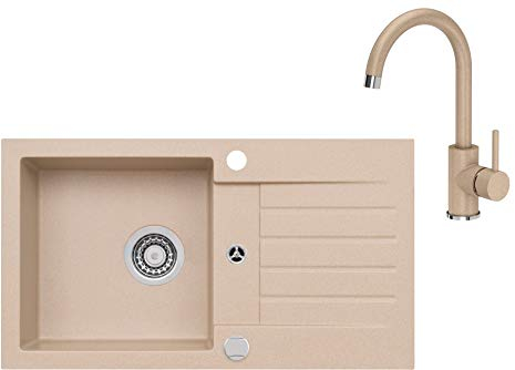 VBChome Spüle mit Armatur 75 x 42 cm Beige Spültischarmatur Granit Einzelbecken Einbauspüle gesprenkelt reversibel Verbundspüle Siphon Drexexcenter Wasserhahn Einhebel