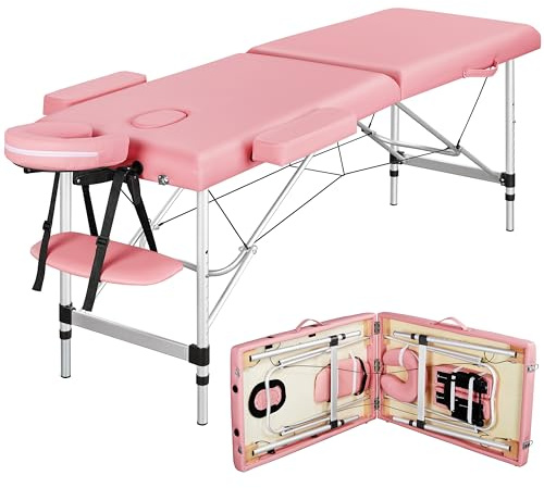 Yaheetech Massage Tables Portable Massage Bed Aluminium Height Adjustable Facial Salon Tattoo Bed with Non-Woven Bag, 22 inch Width Pink
