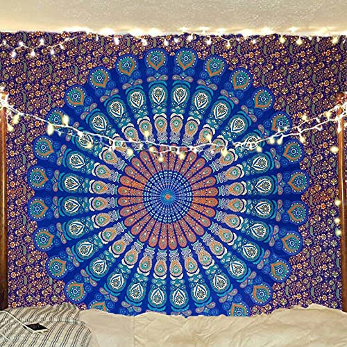 raajsee Blue Tapestry Mandala Wall Hangings, Indian cotton Beach Throw Blanket, Hippie Tapestries Boho Décor, Yoga Meditation Mat Rugs Twin Bedspread Medium (52x60 Inches / 132x152 Cms)
