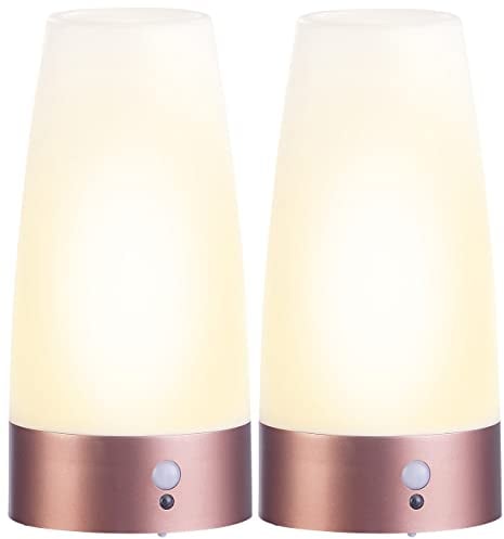Lunartec Akku Leuchte: 2er-Set LED-Akku-Tischlampen mit PIR-Bewegungs-Sensor, warmweiß, rund (LED Lampen mit Bewegungsmelder, Nachttischlampe, Tischleuchte Batterie)