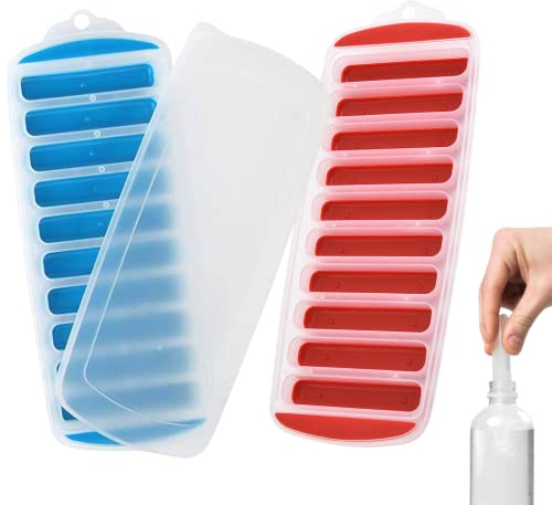 2 Pack Ice Cube Tray,Narrow Water Bottle Ice Stick Tray with Lid,Bottom Silicone Ice Trays for Sports Drinks and Water Bottles Whikskey Cocktails(Random Color)