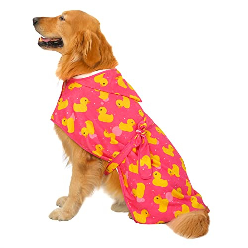 HDE Dog Bathrobe Super Absorbent Drying Towel with Hood for Large Dogs, Pink Rubber Ducks, XL