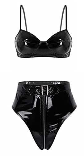 TiaoBug Damen Metallic Bikini Sets Zweiteiliger Badeanzug Bademode Wetlook BH Oberteil und Bikinihose Lack Leder Ouvert Slip mit Reisverschluss Schwarz High Waist 4XL