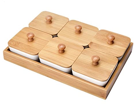 Juego de Servir de 6 Piezas - Set de cuencos Snack & Dip Cuencos de Ceramica con Bandeja, Cuencos Aperitivo de Cerámica para Condimentos con Tapa - Para Salsas Snacks Entrantes Postres patatas fritas