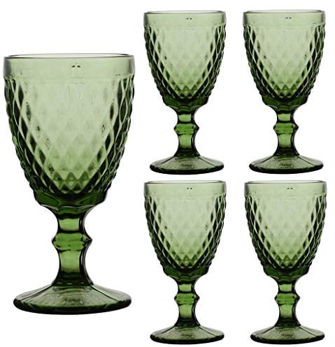 Set of 4 Wine Glasses Green Diamond Embossed Dishwasher Safe 270ml Wine Glass Goblets