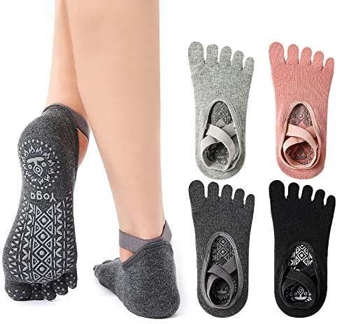 O'woda 4 Paare Damen Yogasocken Zehensocken für Yoga mit Riemen Sticky Damen Yogasocken Rutschfeste Sportsocken mit Gummisohlen Socken für Pilates Ballett Tanz