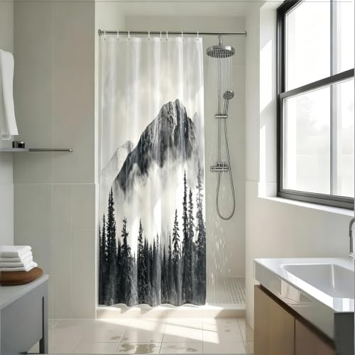 YISURE Duschvorhang badewanne Natur Wald Berg Schmal 120x200 waschbar | Landschaft Nebelwald Badvorhang aus Polyester Textil Wasserabweisend mit 8 Metallösen für Badezimmer, Breite 120 x Höhe 200cm