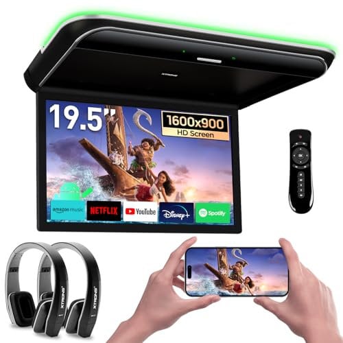 XTRONS Android Car Overhead Player 19.5 Octa Core Car Roof Mount Monitor with 2 Black IR Headphones, Wide IPS Screen 8K Video Built-in Stereo Speakers Flip Down Support 4G HDMI Input USB RCA Input