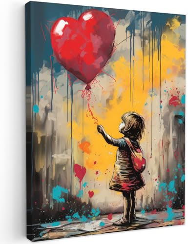 MuchoWow© Impressions sur Toile 50x70 cm Deco Tableau Murale Decoration Salon Peinture Tableaux Chambre Toiles Maison Fille - Ballon - Coeur - Graffiti