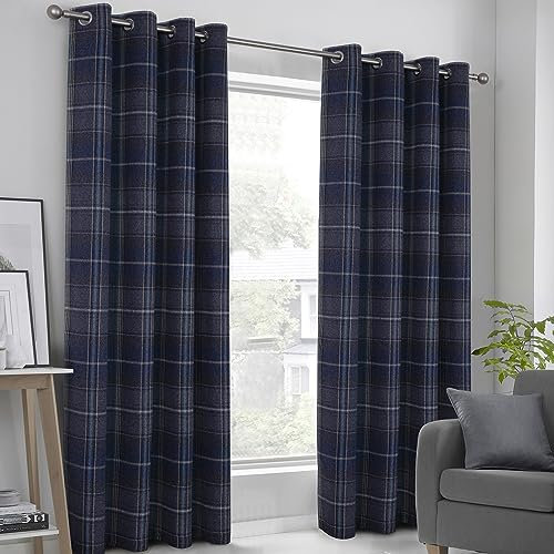 always4u 100% Blickdichter Vorhang Karierte Gardinen mit Ösen, 2er Set B140xH175cm, Wärmeisolierende Verdunkelungsvorhänge für Schlafzimmer Wohnzimmer und Kinderzimmer, Dunkelblau Modern