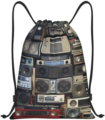 Vintage Wall Of Radio Boombox bedruckte Kordelzug-Tasche wasserdicht langlebig Yogatasche Schwimmsack perfekt für Fitnessstudio Einkaufen Sport Reisen, Schwarz , S