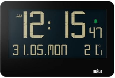 Braun Digitale Wanduhr mit Innentemperatur, Datum, Wochentag, großem umgekehrtem LCD-Display, Schnelleinstellung, Piepton-Alarm in Schwarz, Modell BC14B.