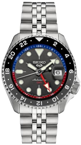 SEIKO Automatisk klocka för män – 5 Sports Collection – sportklocka för män rostfritt stål GMT visare – vattentät 100 m, mörkgrå