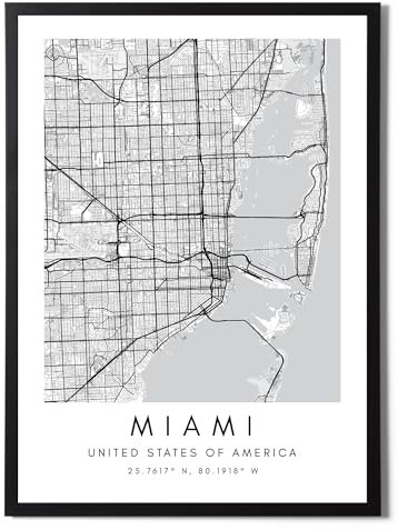 State Media Vision Miami World City Map Poster, individuelles Set, minimalistischer Druck für Schlafzimmer oder Wohnzimmer, Schwarz-Weiß, Miami-Wandkunst (nur Miami, A4-Druck)